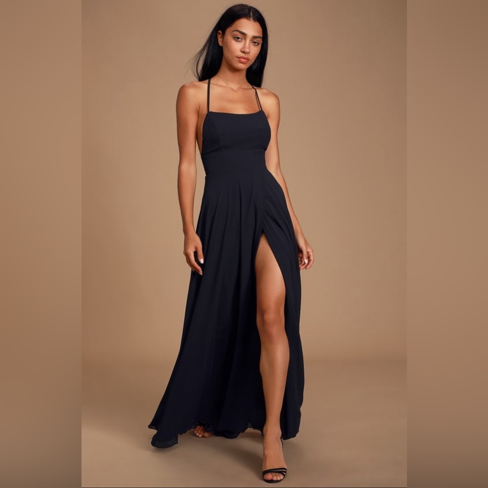 Lulus black dreamy romance backless maxi dress XS